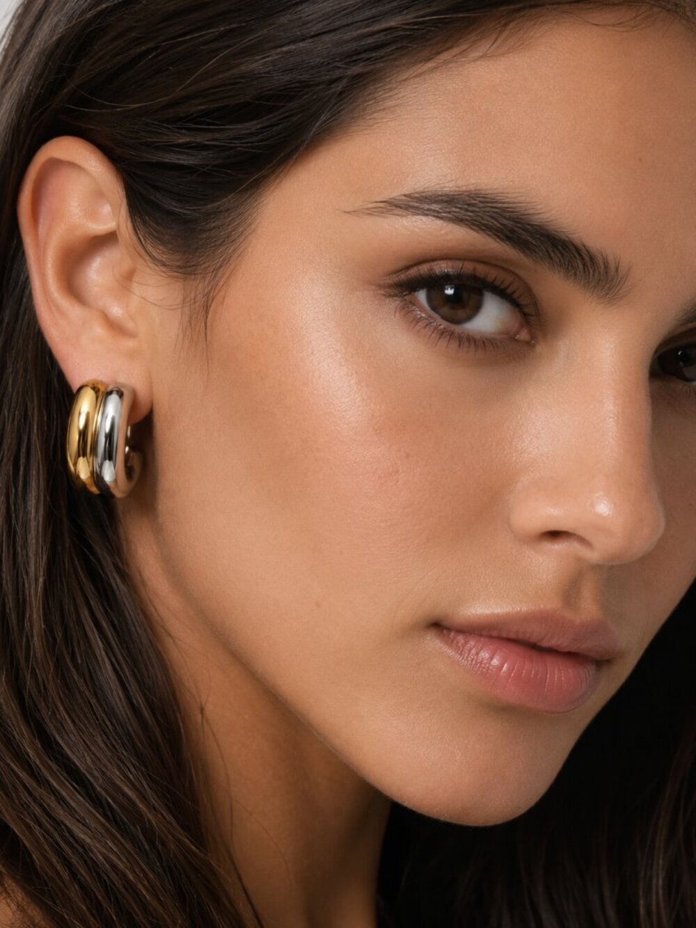 18K Gold Plated Two Tone Chunky Dome C Hoops Mixed Metal Stainless Steel 0.8"